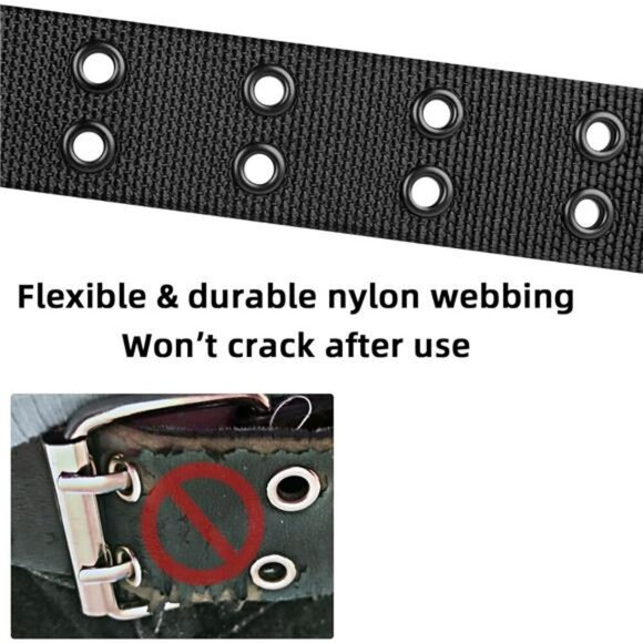 Plus Size Black Nylon Grommet Belt Double Prong Unisex Adjustable 71 Inch - Picture 4 of 7
